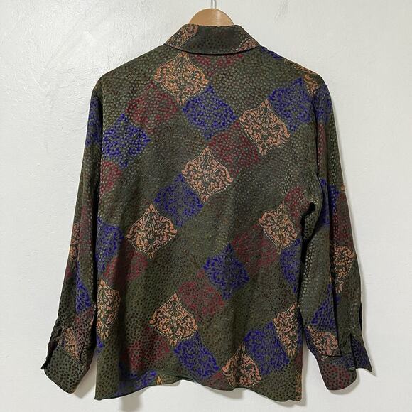 VTG St Johns Artsy Silk Button Blouse Size 6 Green Old Money 90s Abstract Print - Picture 2 of 7